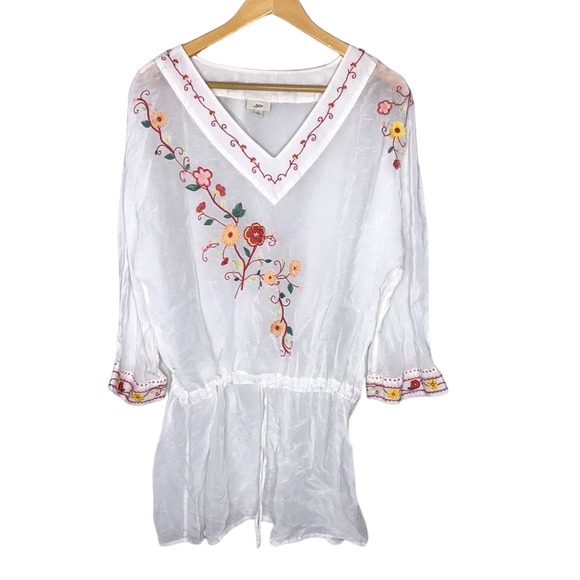 J.Jill Tunic Tunic Top Women Medium White Floral Embroidered Drawstring Blouse * - Picture 1 of 4